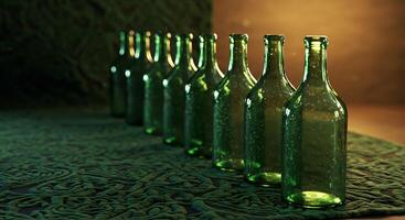 Green Glass Bottles in a Row on a Patterned Surface with Warm Lighting photo