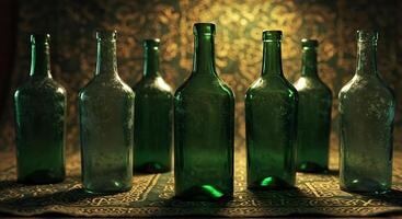 Green Glass Bottles on Table with Patterned Background and Dramatic Lighting photo