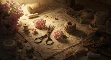 Craft Table Still Life with Scissors, Buttons and Pink Flowers photo