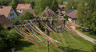 Maypole with Colorful Ribbons in a Village Green Scene on Windy Day photo
