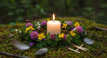 Candle Burning with Flower Wreath on Moss in a Forest Setting photo