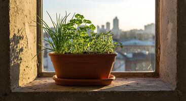 Herb Garden in Pot on Windowsill with City View at Sunset photo