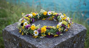 Floral Wreath with Wildflowers Resting on Stone in Natural Setting photo
