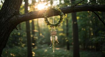 Dreamcatcher with Floral Wreath Hanging From Tree Branch in Forest photo