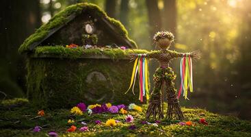 Handcrafted Wicker Figure Adorned with Ribbons in a Mossy Forest Setting photo