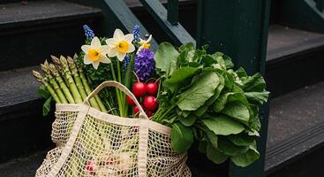 Fresh Produce in Mesh Bag on Steps with Spring Flowers photo