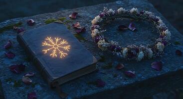 Old Book with Glowing Symbol and Floral Crown on Stone Slab photo