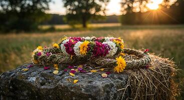 Flower Crown Leis Resting on Stone in Golden Hour Meadow photo