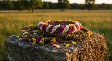 Flower Crown Resting on Stone in Meadow During Golden Hour photo