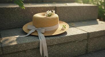Straw Hat with Ribbon and Flowers on Stone Steps in Sunlight photo