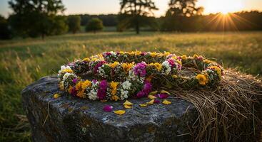 Flower Crown Resting on Rock at Sunset in Field photo