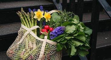 Fresh Spring Produce in Reusable Net Bag on Stairway photo