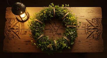 Green Flower Wreath with Lantern on Wooden Carved Table photo