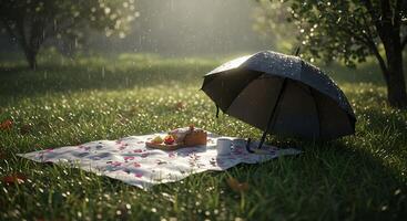 Rainy Day Picnic in the Park with Umbrella and Blanket photo