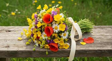 Wildflower Bouquet Lying on Wooden Bench with Ribbon and Meadow photo