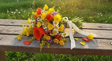 Wildflower Bouquet Resting on a Wooden Bench with Green Meadow photo