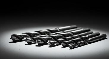 Drill Bits Set Lined Up on Surface in Workshop Lighting photo