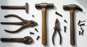Arrangement of Hammers Pliers and Screws Flat Lay photo