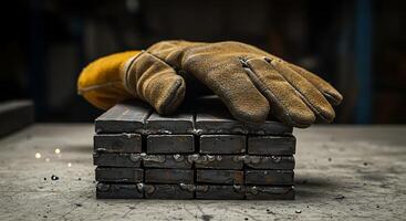 Welding Glove Resting on Stacked Metal Pieces in Workshop photo