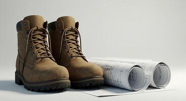 Work Boots and Blueprints on White Background Ready for Project photo