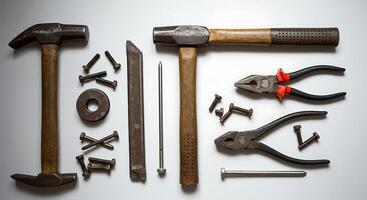 Tools Arrangement on White Surface Hammer Pliers and Fasteners for Diy Projects photo