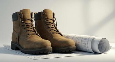 Work Boots on Blueprint Paper Pair of Safety Shoes photo