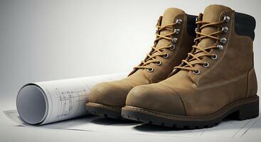 Work Boots on Blueprint Construction Plan for Building Project photo