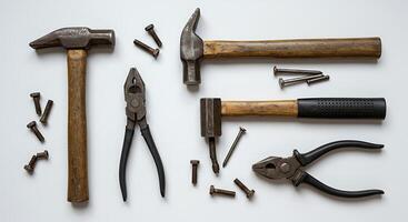 Arrangement of Hammers, Pliers and Fasteners on White Surface photo