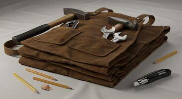 Craft Apron with Tools Lying on Tabletop Surface photo