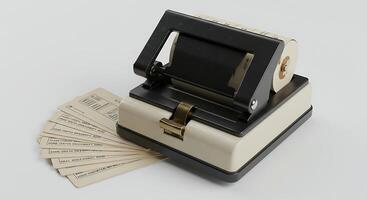 Vintage Labeling Machine with Fan of Text Cards on Neutral Background photo