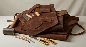 Crafting Tools and Leather Apron Still Life with Hammer and Chisels photo