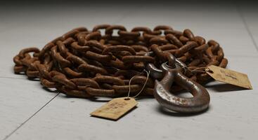 Rusty Chain with Hook and Tags on Floor photo