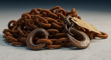 Rusty Metal Chain Pile with Hooks on Concrete Surface photo