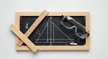 Drawing Geometric Shapes on Chalkboard with Ruler and Goggles photo
