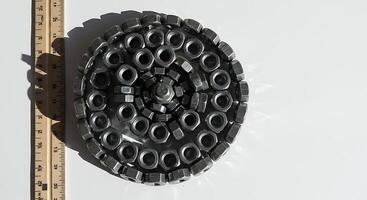 Metal Nuts Arranged in Spiral with Ruler for Scale photo
