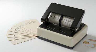 Setting Date with Date Stamper and Index Cards on White photo