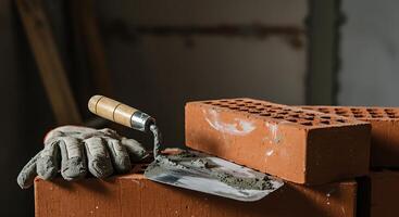 Bricks with Trowel and Glove Ready for Construction Work photo