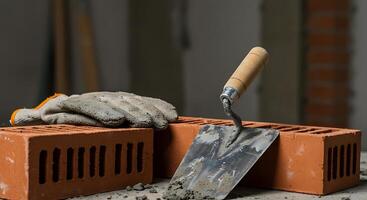 Laying Brick with Trowel and Gloves in Construction Setting photo