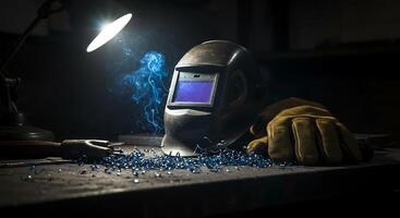Welding Helmet and Glove on Workbench with Smoke and Metal Shavings photo