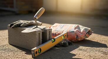 Construction Material Still Life with Cement Block and Tools photo
