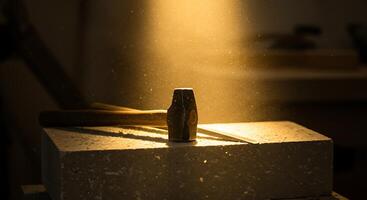 Hammer and Chisel on Stone Block with Dust Particles in Sunlight photo