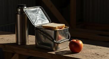 Lunchbox with Sandwich and Apple Resting on a Wooden Surface photo