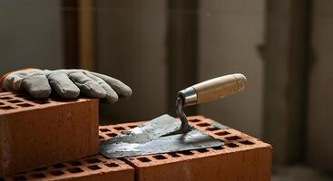 Bricklaying with Trowel and Glove Ready for Construction Work photo