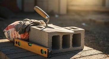 Construction Site Showing Cinder Block, Trowel, Level, Gloves and Cement photo