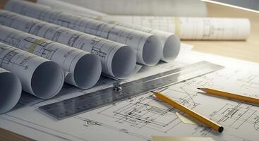 Studying Architectural Blueprint with Pencil and Metal Ruler on Desk photo