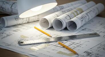 Examining Architectural Blueprints with Pencil and Ruler Under Desk Lamp photo