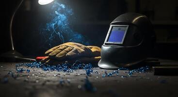 Welding Gear and Blue Metal Shavings on Dark Workshop Table photo
