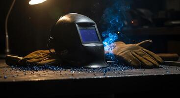 Welding Helmet and Gloves on Metal Table with Sparks photo