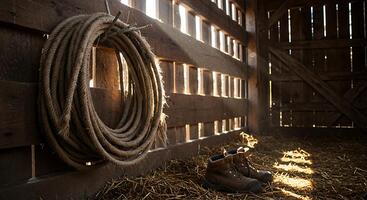 Rope and Boots Inside Rustic Barn with Hay and Sunlight photo