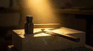 Hammer and Chisel on Stone Block Dust Particles in Warm Light photo